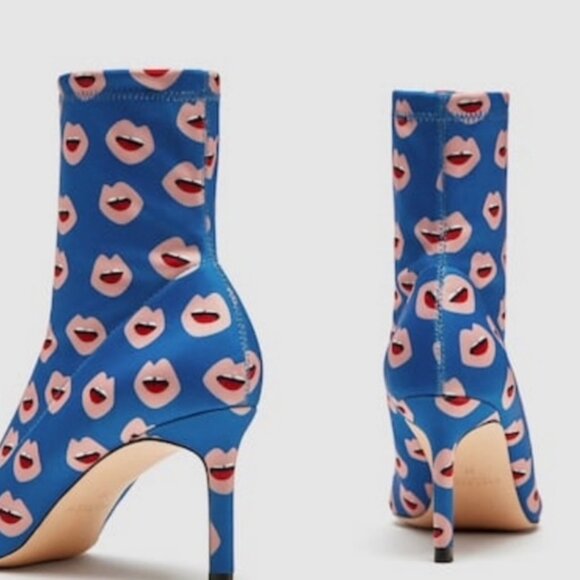 ZARA BLUE LIPS PRINT FABRIC HEELED ANKLE BOOTS - Picture 3 of 9